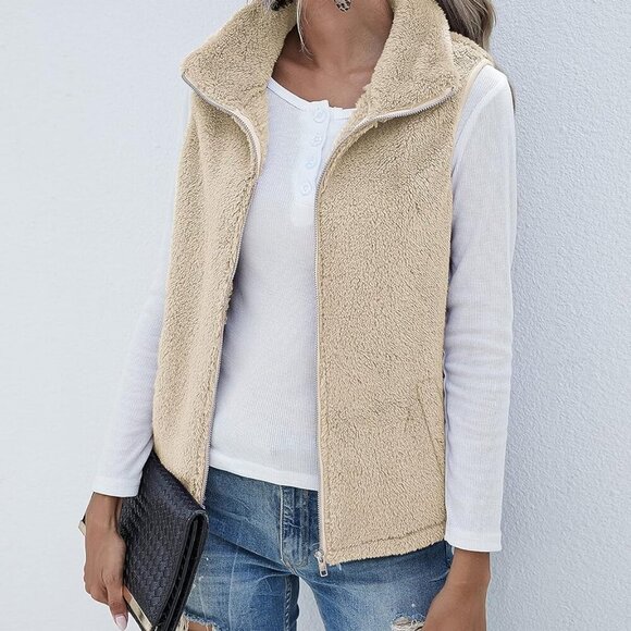 Womens Fuzzy Sherpa Fleece Jacket Lightweight Vest Cozy Sleeveless Cardigan Zipp - Picture 3 of 6